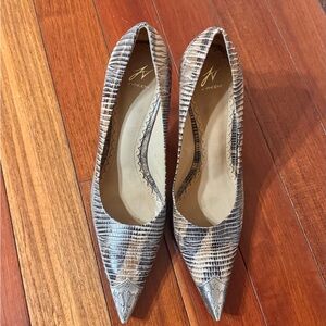 Pointed-Toe Snake-Print Pumps in Taupe